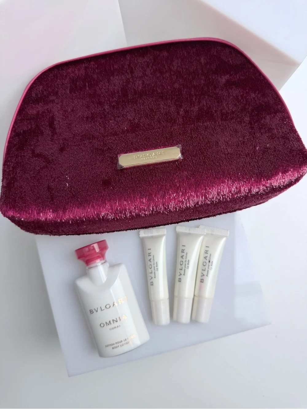 Bvlgari Parfums Bag with 3 Lip Balms & Omnia Coral Body Lotion